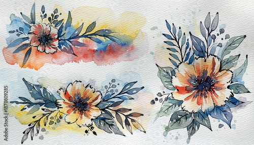Vibrant Watercolor Floral Arrangements Blooming Designs with Soft Hues and Delicate Leaves