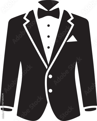 Black Tuxedo Suit with Bow Tie and Pocket Square Illustration