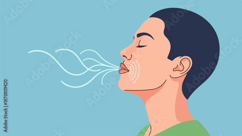 Minimalist portrait illustration of a woman exhaling with a wavy white line flowing from her mouth