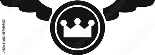 Black and white icon displaying a crown inside a circle with outstretched wings