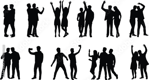 Silhouettes of people, hugging, dancing, taking selfies, talking, celebrating, bonding, socializing, interacting, joyful, expressive, emotional, 
