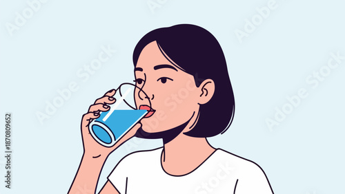 Young woman with short dark hair drinking from a bright blue glass