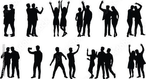Silhouettes of people interacting, hugging, dancing, celebrating, taking selfies, waving, bonding, socializing, expressing friendship, joy, love, connection, unity