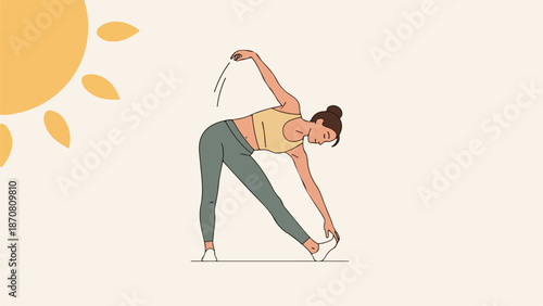Woman in a serene stretching pose with yellow tank top and teal leggings