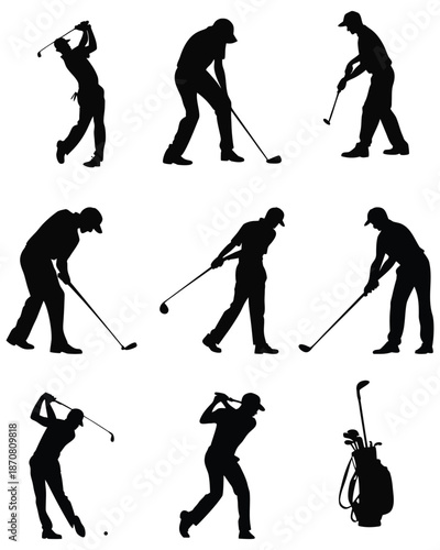 Set of Golf Player Silhouettes in Different Swing and Action Poses – Black Vector Illustration