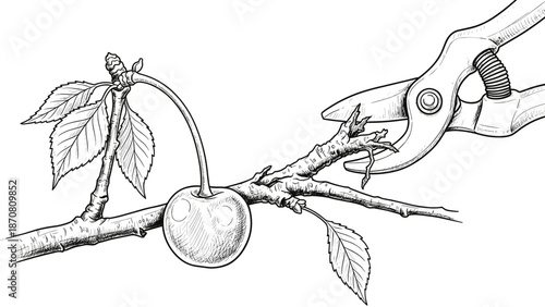 Cherry tree pruning illustration with shears cutting fruit branch for orchard care guides