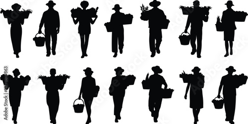 Silhouettes of people walking with baskets, carrying vegetables, black figures, harvest, market, rural lifestyle, motion, posture, gesture, labor