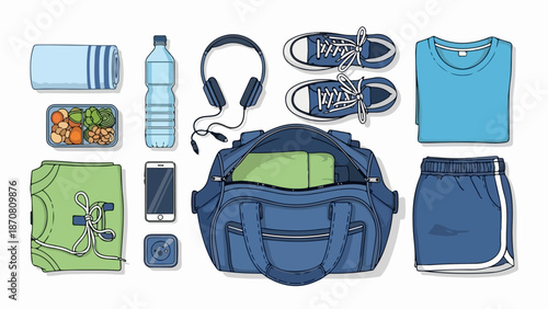 Travel essentials with blue duffel bag, snacks, headphones, and clothing