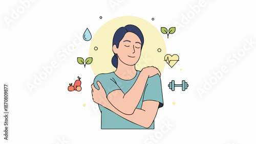 Minimalist illustration of a female figure with symbols of healthy lifestyle