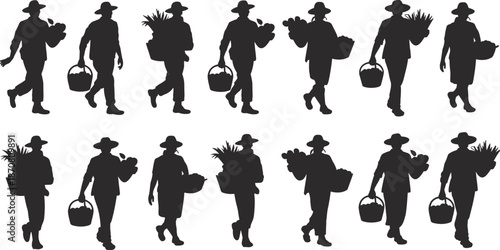 Silhouettes of person walking with groceries, basket, vegetables, hat, black figure, motion, posture, rural lifestyle, market, harvest