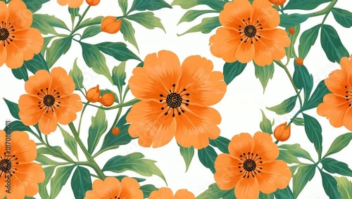 Seamless pattern of orange flowers and green leaves on a white background.