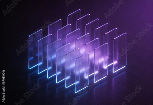 Futuristic isometric glass panels data visualization. Dark neon gradient background, modern technology abstract for AI, cloud computing, analytics, blockchain, cybersecurity, business presentation, 