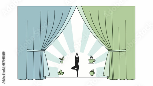 Female in yoga tree pose near window with tea and apple on table