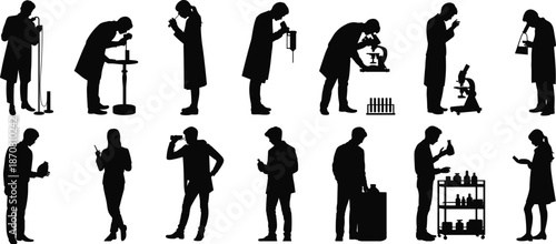 Scientist silhouettes, laboratory professionals, microscope, test tube, sample analysis, lab coat, research, experiment, science, equipment, teamwork, discovery