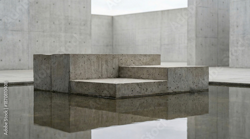Brutalist stepped concrete podium floating in water reflecting pool, minimalist architectural product display background