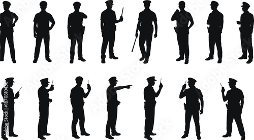 Police officer silhouettes, law enforcement poses, black uniform figures, standing, gesturing, baton, walkie-talkie, authority, patrol, security, action