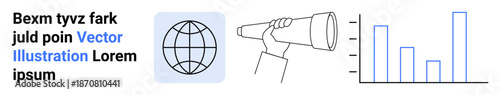 Digital marketing, global communication, data analysis, business strategy, research, statistics. Globe symbol, person with telescope bar chart. Global communication and data analysis concept