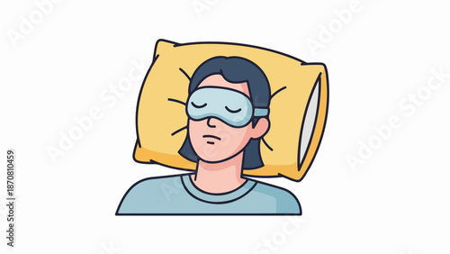 Person with short dark hair resting with eyes closed wearing light blue sleep mask and matching shirt on yellow pillow