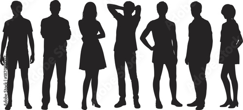 Standing people silhouettes collection, men and women human figures isolated on white background for creative design