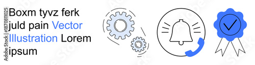 Business operations, alert systems, process optimization, quality assurance, certification, efficiency. ion of gears, bell and a badge. Business operations and alert system concepts