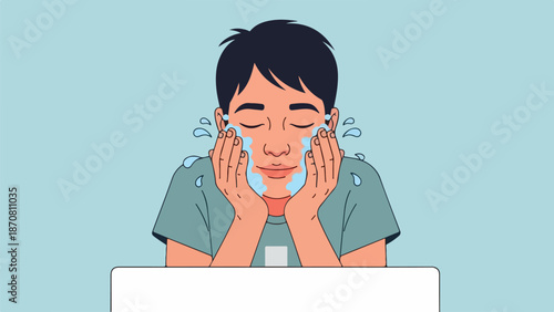 Young person applying light blue skincare product to face in front of white laptop on light blue background