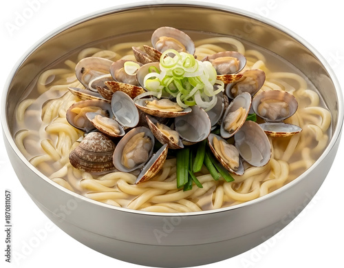 Korean Bajirak Kalguksu (바지락 칼국수) Clam Noodle Soup in White Bowl