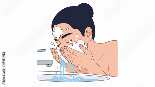 Person washing face over bathroom sink with dark hair tied back