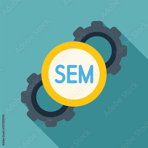 Sem icon representing search engine marketing with gears on a blue background