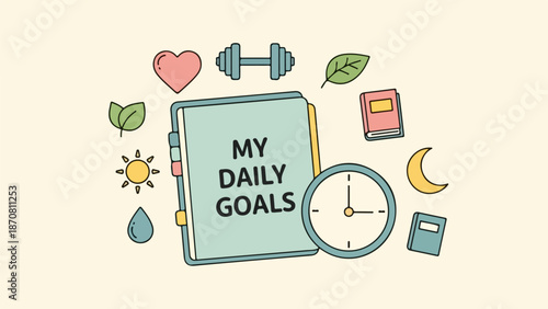 Illustration of a light blue notebook with black text reading 'MY DAILY GOALS' surrounded by self-improvement icons