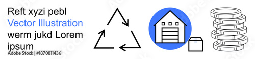 Environmental sustainability, supply chain, logistics, storage, currency, business management. Three icons recycling triangle, warehouse and stacked coins. Sustainability and logistics