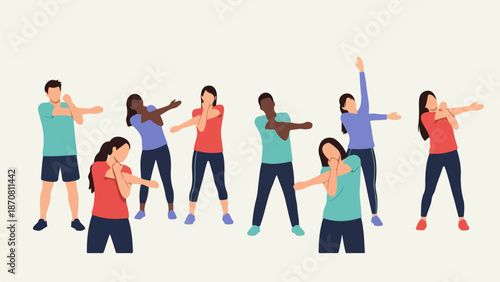 Diverse group of seven people in dynamic athletic poses with vibrant colors
