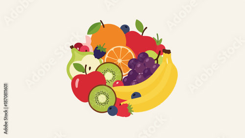 Vibrant cartoon-style illustration of fresh fruits in a lively arrangement