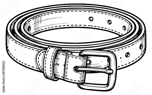 Hand drawn line art illustration of a belt depicting a coiled leather strap and a metal buckle for fashion design