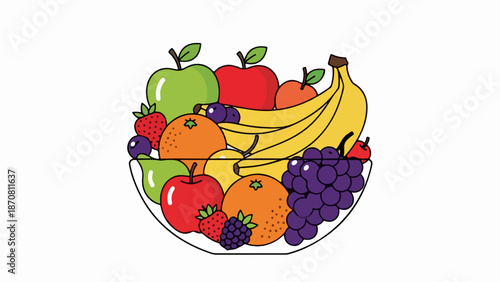Illustration of a fruit bowl with bananas, apples, oranges, strawberries, blueberries, and grapes