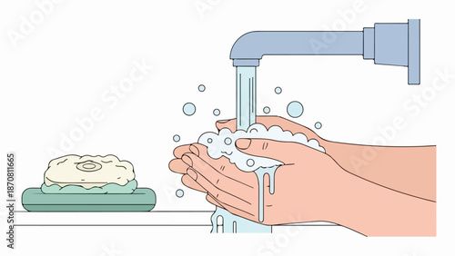 Close-up illustration of female hands washing with soap under a blue faucet and green soap dish