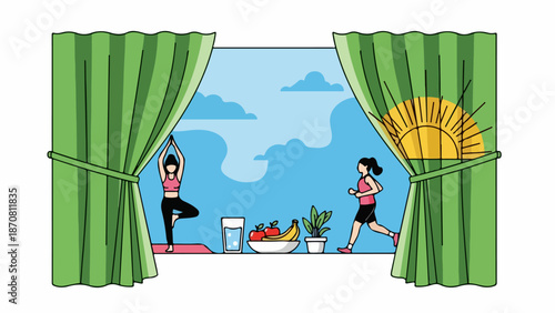 Two women in their mid-twenties exercising in a bright, sunlit wellness room with a table of healthy items