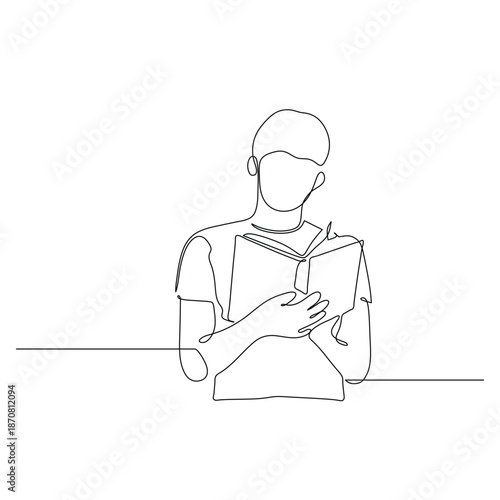 Continuous line drawing of a man reading a book.