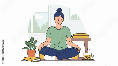 Woman in meditative pose with tea, plant, and book in serene room with scenic view