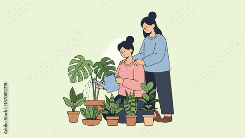 Two women tending to houseplants in a modern indoor setting