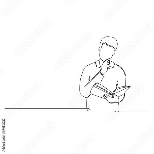 Man reading a book in a simple line drawing style.