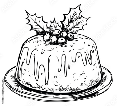 Hand drawn line art illustration of a christmas pudding depicting a traditional festive dessert with holly for winter holiday celebrations