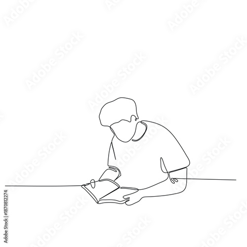 Minimalist continuous line illustration of a man focused on reading a book symbolizing knowledge, learning, curiosity, and education themes in modern artistic style perfect for academic visuals.