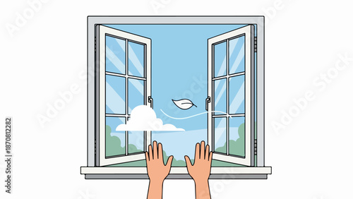 Open window with two sections framing a blue sky and flying bird, hands reaching upward indoors