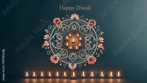 A festive Diwali greeting card featuring a decorative mandala with lit diyas and floral accents on a dark teal background.