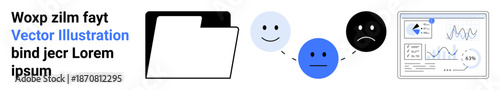 Data management, emotional feedback, analytics, business reporting, user behavior, digital platforms. Folder with emoticon faces connected to a dashboard chart. Data management and emotional feedback