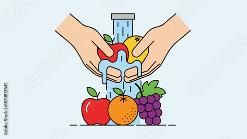 Illustration of hands pouring liquid from a blue container with fresh fruits below