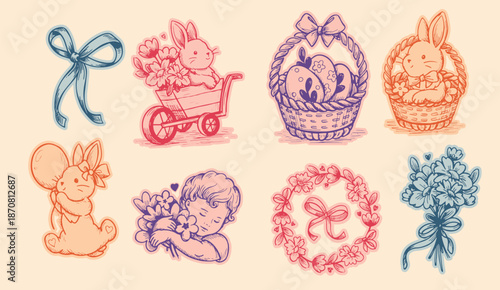 Evergreen spring cottagecore sticker pack with isolated hand drawn bunnies, baskets, eggs and florals. Playful sketch style for Easter, spring holidays and seasonal designs.