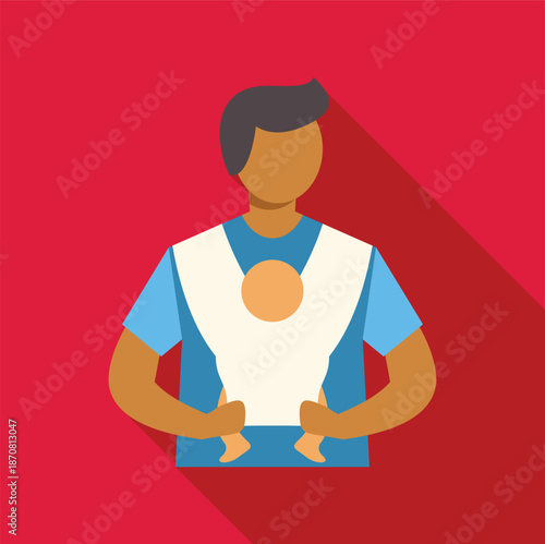 Father wearing a baby carrier and holding infant against a red background