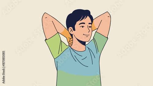 Young man with short dark hair in a relaxed pose wearing a light blue shirt with green sleeves