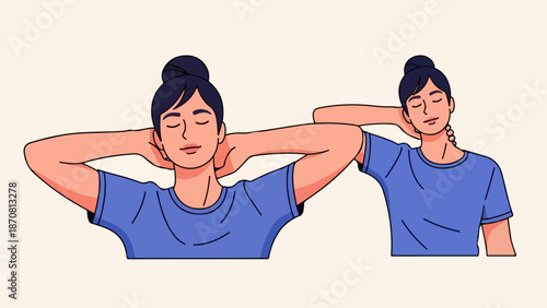 Two women in blue shirts in a relaxed pose with arms raised behind their heads
